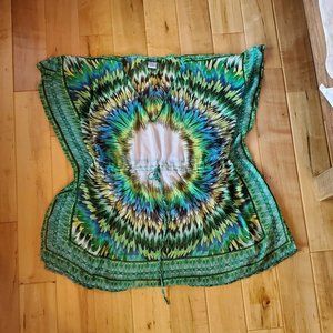 INGEAR GREEN MULTICOLOR V-NECK SWIMSUIT COVERUP W/ TIED WAIST